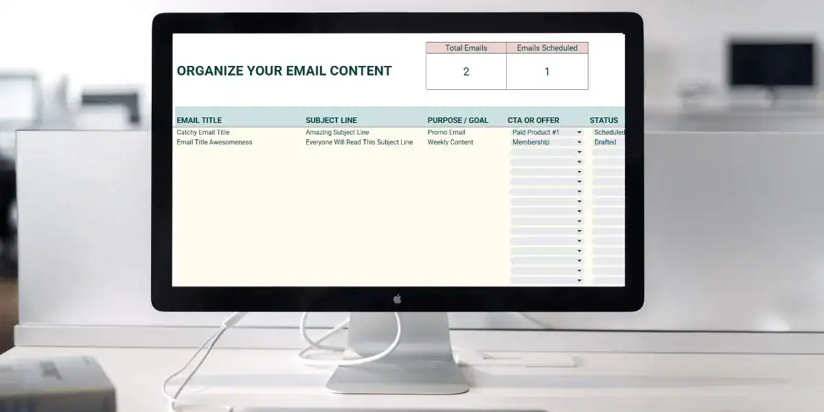 Desktop screen displaying a Google Sheets Email Marketing Template with columns for email title, subject line, purpose, call to action, and status, helping users organize and schedule email campaigns with ease.