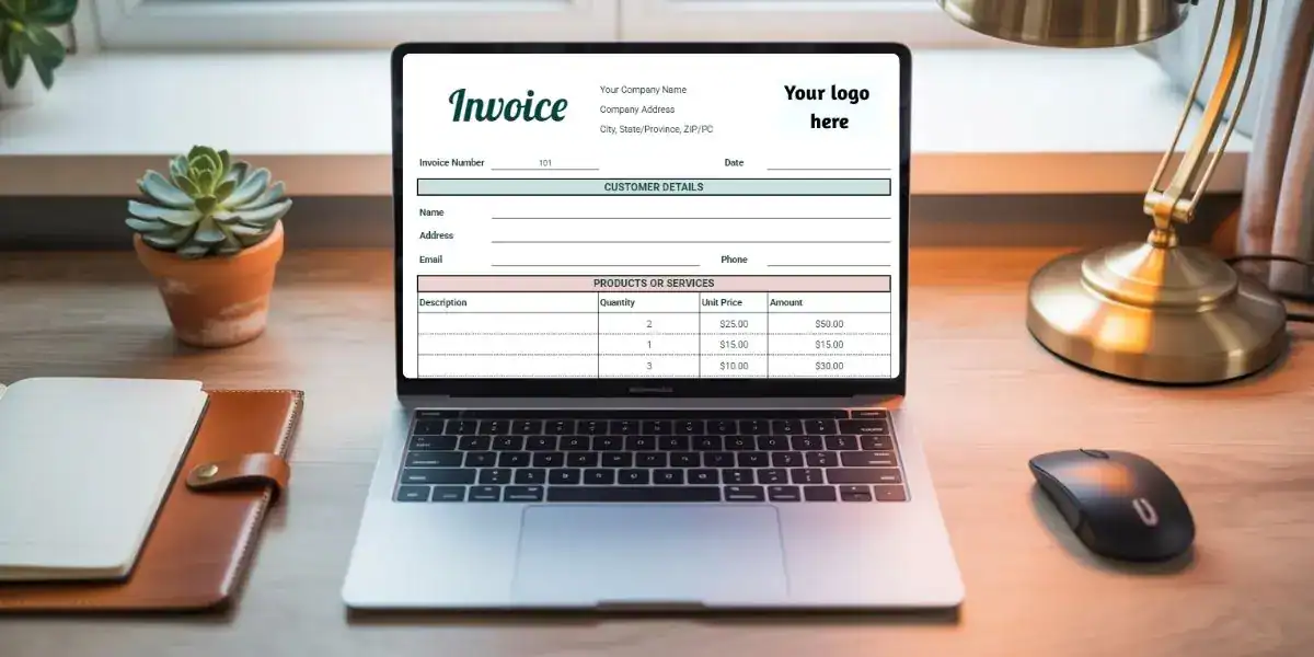 Open laptop on a wooden desk displaying a Google Sheets invoice template with fields for customer details and a product/service table; includes placeholder text and pricing like 2 items at $25, totaling $50. Surrounding the laptop are a notebook, mouse, potted plant, and gold desk lamp, creating a cozy work-from-home setup.