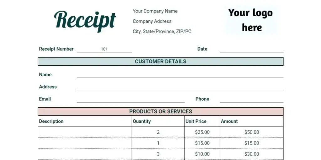 A close-up of a printable receipt template designed in a spreadsheet format, showing editable fields for customer details, product descriptions, quantities, unit prices, and total amounts. The top includes placeholder text for a company name and logo. This is a typical Google Sheets receipt template layout.