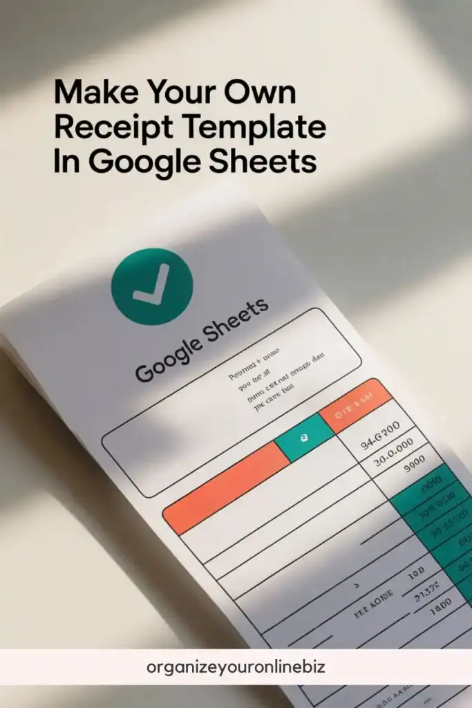 A printed receipt mockup styled with a colorful Google Sheets design, featuring a checkmark icon and bold text that reads “Make Your Own Receipt Template in Google Sheets.” Ideal for showcasing a customizable Google Sheets receipt template for small business use.

