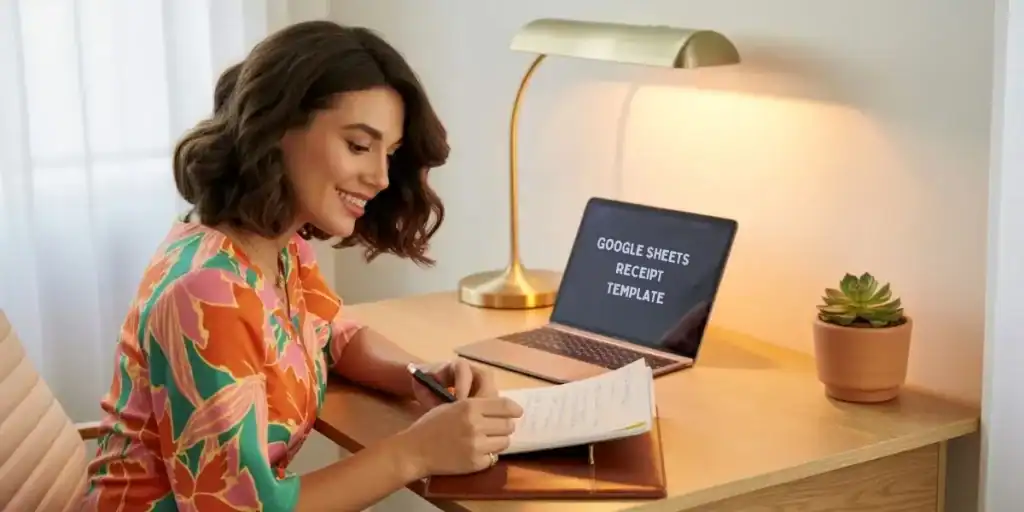 A smiling woman in a colorful floral top writes in a notebook at a wooden desk. A laptop beside her displays the words “Google Sheets Receipt Template” on screen, under a lit desk lamp. A small potted succulent adds a decorative touch.
