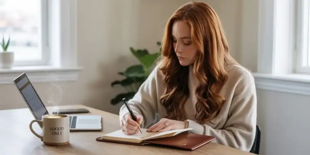 Woman sitting at a desk with a laptop open to a spreadsheet, possibly a Google Sheets task prioritization template, while writing in a leather-bound planner. A steaming mug labeled “GOODD ONLY” and natural light from nearby windows create a calm, focused workspace for daily planning.