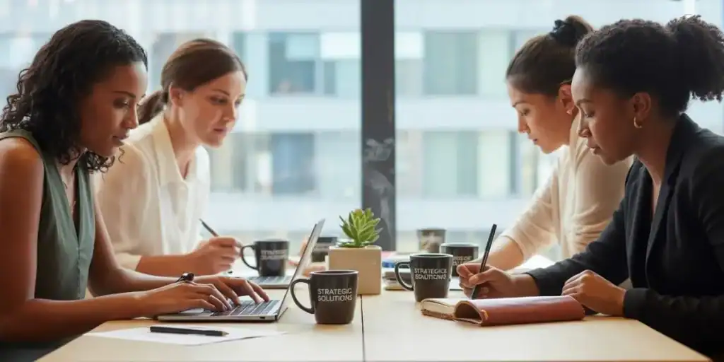 Four women in a modern office setting collaborating over laptops and notebooks, with “Strategic Solutions” mugs on the table. The teamwork setting suggests brainstorming or using a Google Sheets task prioritization template to manage project workflows effectively.
