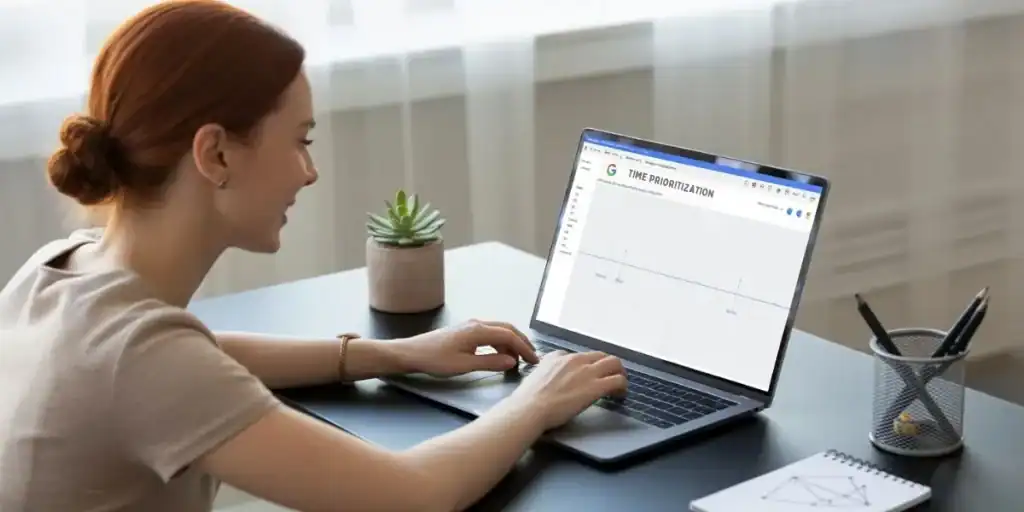 Woman using a laptop at a modern desk, viewing a Google Sheets task prioritization template labeled "TIME PRIORITIZATION" with a visual matrix layout. A small potted plant, notepad, and pencil holder complete the tidy workspace, suggesting productivity and organization.

