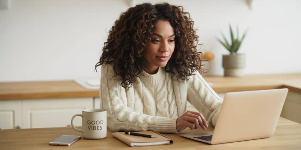 Woman in a cozy white sweater working on a laptop at a wooden kitchen counter with a “GOOD VIBES” mug, smartphone, and notebook nearby. The relaxed setting reflects how Google Sheets invoice templates can help freelancers or remote workers easily organize client invoices from home.