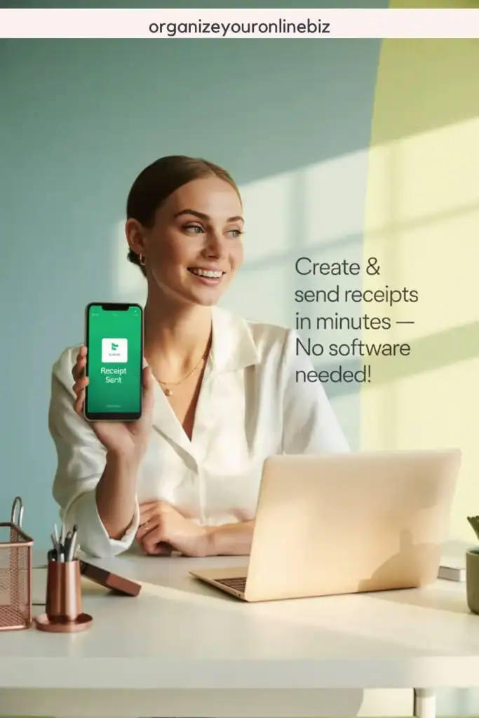 Smiling woman at a desk holding a phone with a green screen that reads “Receipt Sent” via a Google Sheets-based tool, with a laptop open and the text “Create & send receipts in minutes — No software needed!” in the background. Promotes a simple Google Sheets receipt template solution for small businesses.

