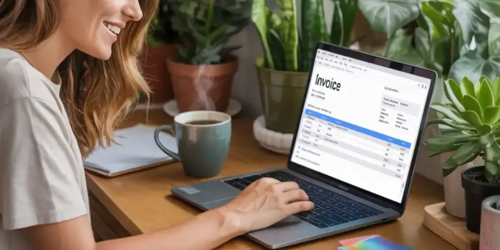 Smiling woman using a laptop at a wooden desk filled with plants, viewing a Google Sheets invoice template with a bold "Invoice" title and itemized billing details. The screen shows editable fields for client info, invoice number, and a product list with prices, ideal for digital freelancers or small business use.