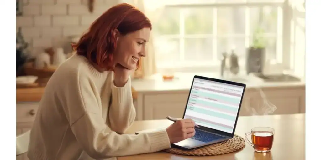 Smiling woman in a cozy kitchen working on a laptop displaying a Google Sheets Email Marketing Template with a color-coded schedule, tracking content and deadlines for effective email planning.