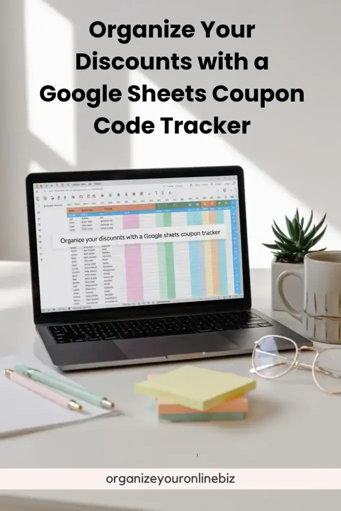 A workspace with a laptop open to a color-coded Google Sheet labeled for tracking coupons, surrounded by a coffee mug, sticky notes, glasses, and pastel pens. Overlay text reads, “Organize Your Discounts with a Google Sheets Coupon Code Tracker,” promoting a digital system for coupon management.

