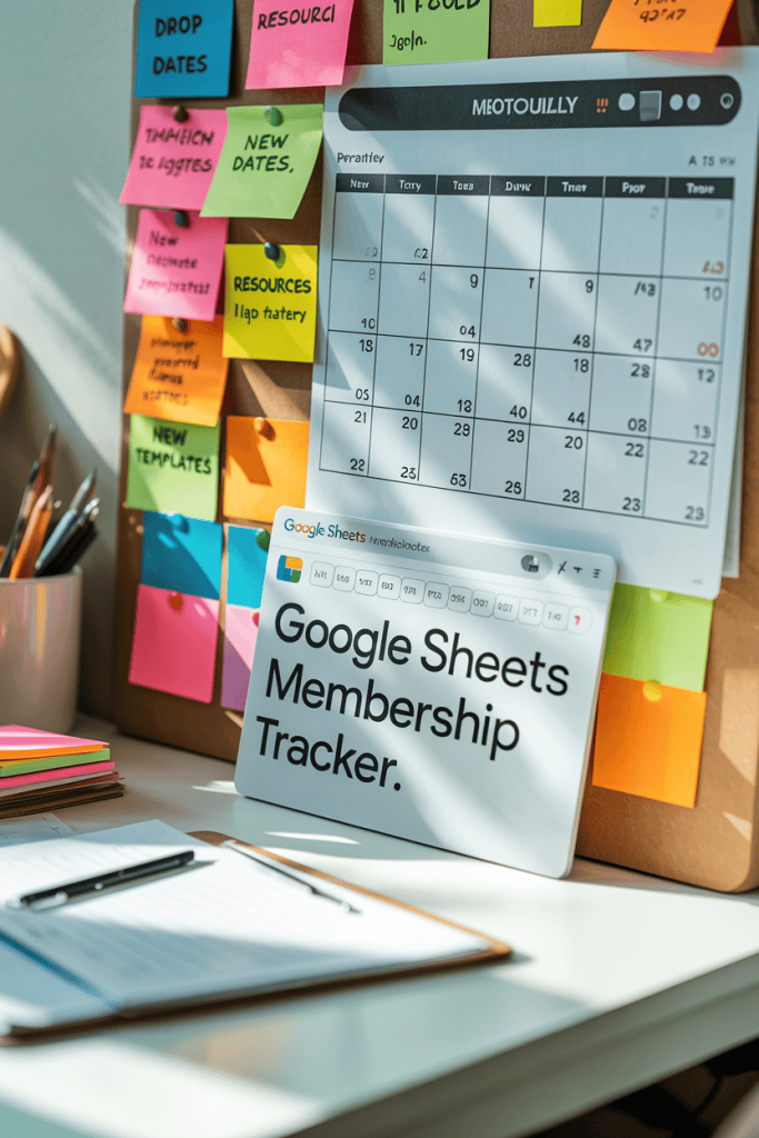 A well-lit, colorful desk scene featuring a corkboard covered in sticky notes with reminders like "NEW TEMPLATES" and "DROP DATES," a wall calendar, and a printed Google Sheets interface labeled “Google Sheets Membership Tracker.” A clipboard with a pen, a stack of sticky notes, and a cup of pens complete the organized, creative workspace.

