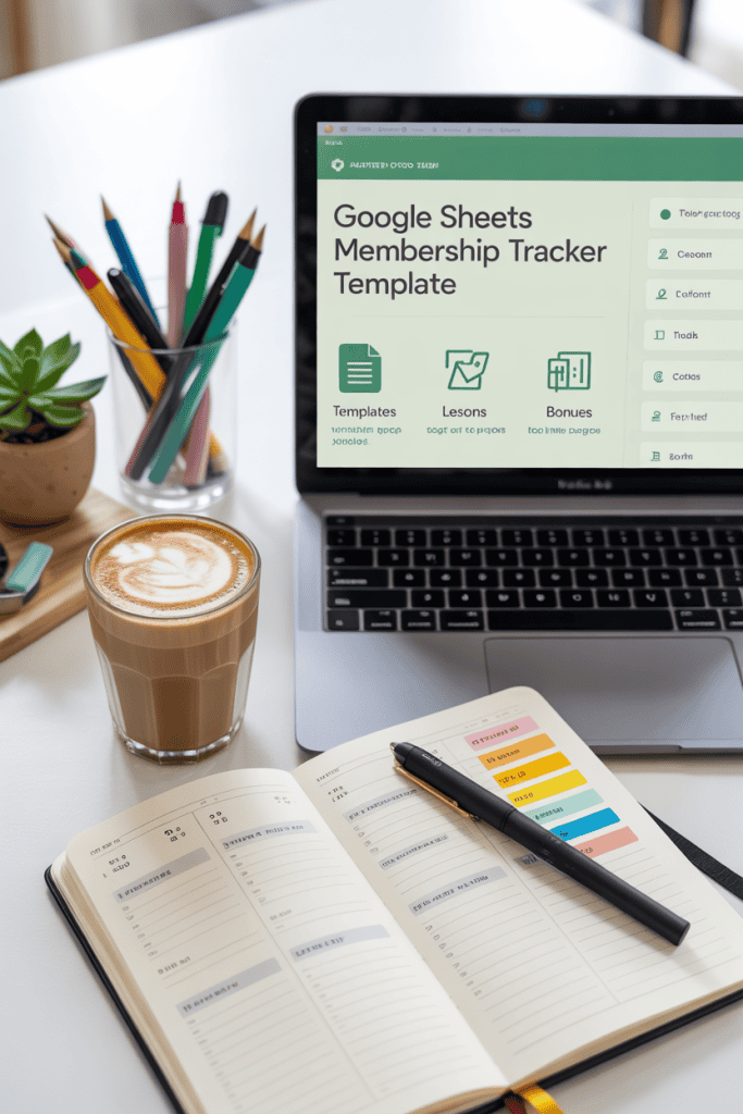 Flat lay of a bright, organized workspace featuring a laptop displaying a “Google Sheets Membership Tracker Template” page, a colorful planner with a black pen on top, a latte with heart-shaped foam art, a cup of colored pencils, and a small potted succulent. The setup suggests productivity and planning with digital tools and analog notes.