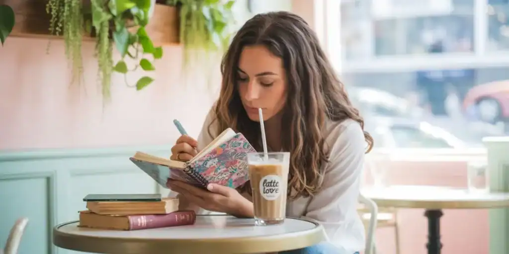 Woman writing ideas in a pastel notebook at a bright café table with coffee and plants.