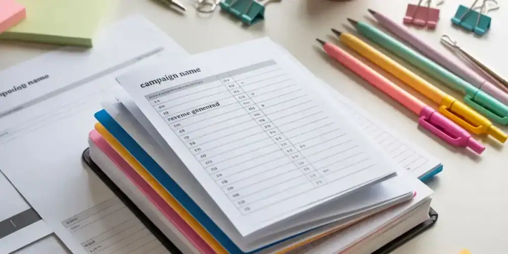 Flat lay of bonus coupon tracking columns with pastel stationery and printed spreadsheet.