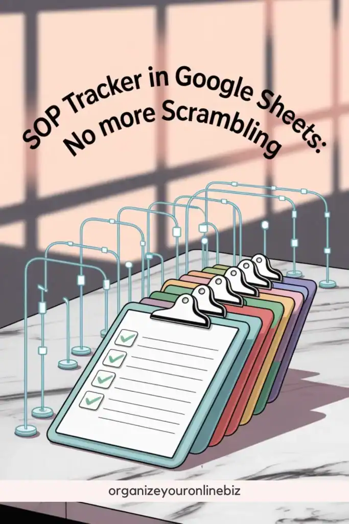 Illustration of colorful clipboards with checklists lined up beneath a web of digital connections, symbolizing streamlined task management. The heading reads “SOP Tracker in Google Sheets: No more Scrambling,” promoting the use of a Google Sheets SOP tracker for efficient, organized workflows.