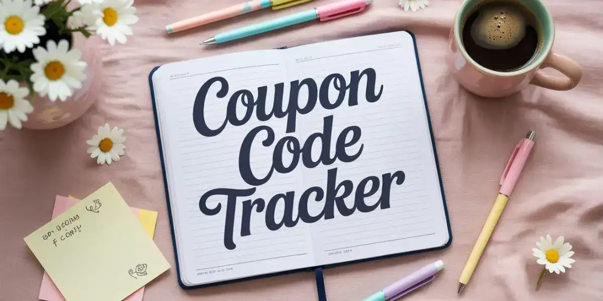 Flat lay workspace in pastel pink showing a coupon code tracker setup with pens, coffee, and sticky notes.