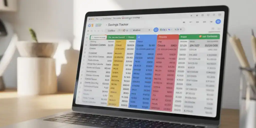 Color-coded Google Sheets coupon tracker spreadsheet with a soft pastel theme.