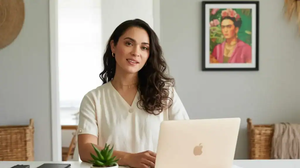 A woman sits confidently at a desk with a light gold MacBook, suggesting she's working on or creating content related to a Google Sheets membership tracker. The setting is bright and stylish, with a Frida Kahlo portrait and natural decor in the background.