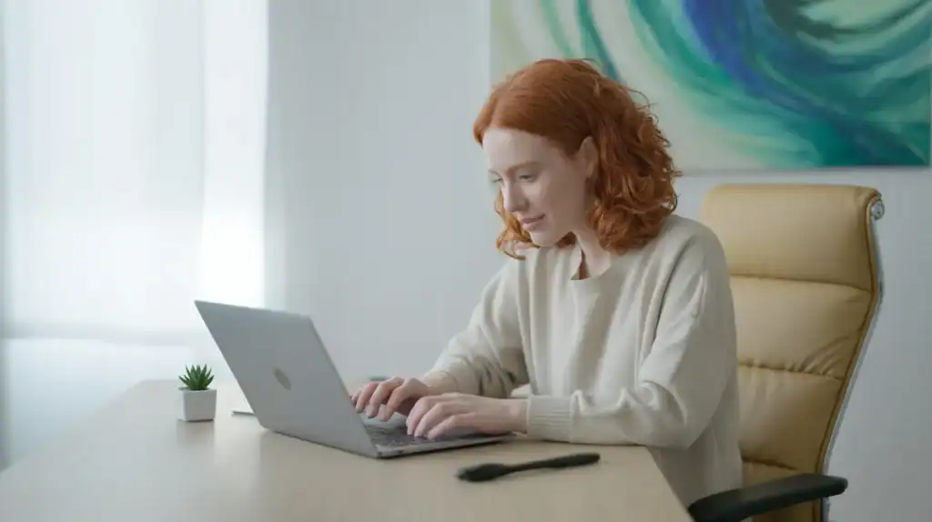 A woman with red curly hair works intently on a laptop at a clean, modern desk with a small potted plant and pen nearby, representing focused scheduling or data entry for a Google Sheets membership tracker.