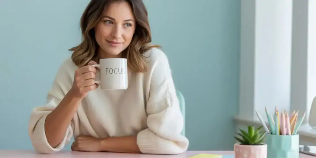 Woman in a bright home office smiling with pastel desk setup and coffee in hand.