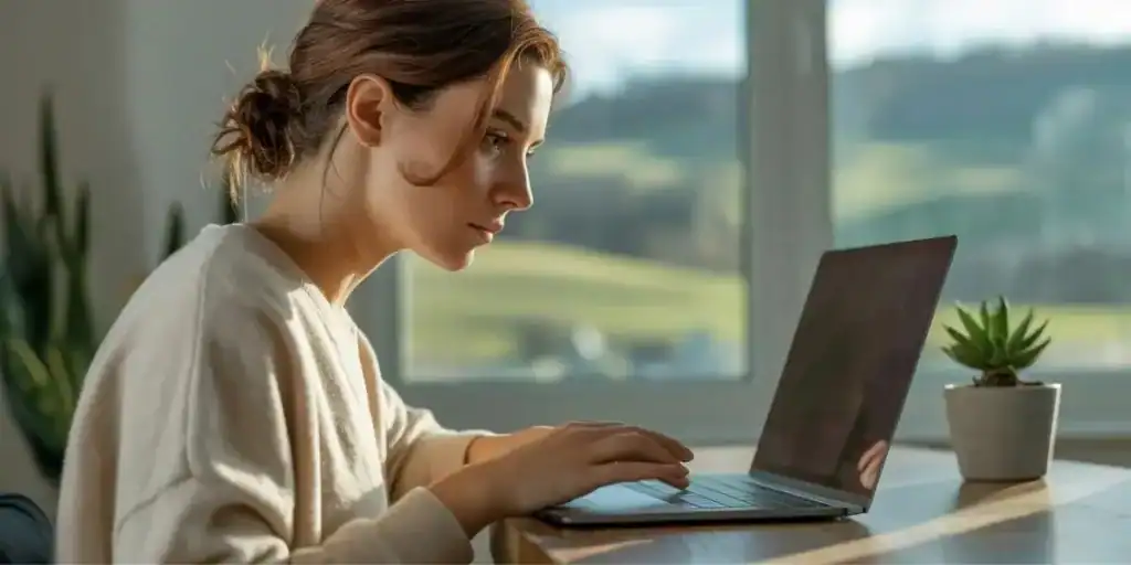 A focused woman working on a laptop at a sunlit desk with a small potted plant nearby, possibly updating or reviewing a Google Sheets SOP tracker for work or content planning.

