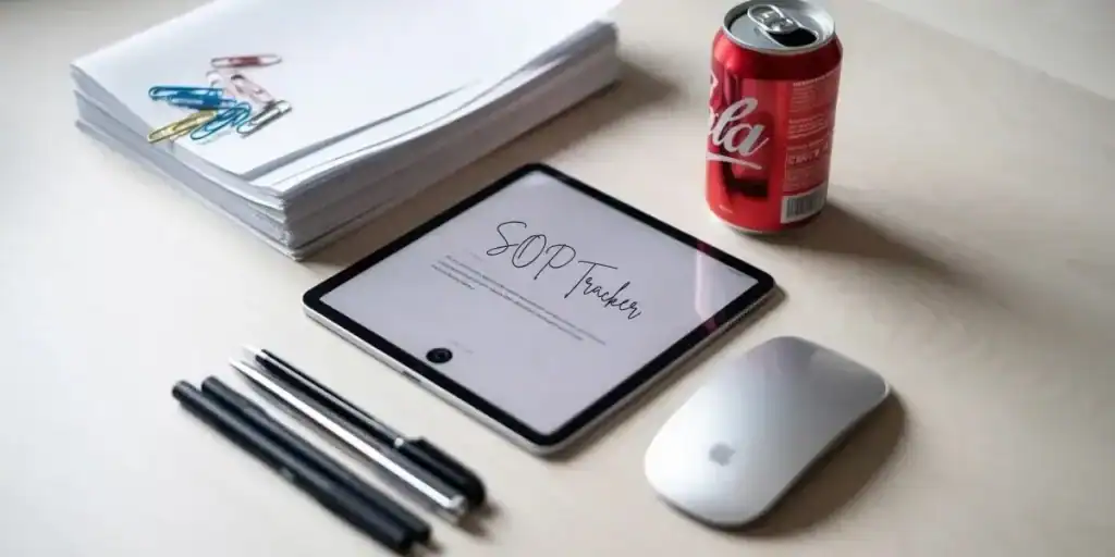 A desk setup featuring a tablet displaying the words “SOP Tracker,” next to a stack of paper with paperclips, pens, a computer mouse, and a can of soda—suggesting tools and elements involved in organizing or creating a Google Sheets SOP tracker.