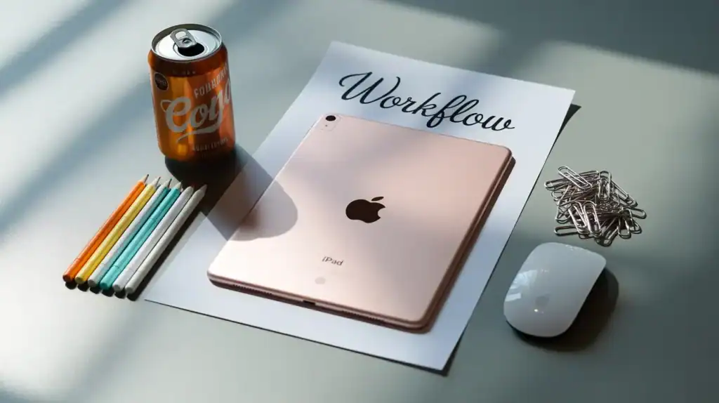 Flat lay of a workspace featuring a rose gold iPad on a paper labeled "Workflow," surrounded by colored pencils, an orange soda can, a pile of paperclips, and an Apple Magic Mouse—suggesting tools and setup for planning or designing a Google Sheets membership tracker.