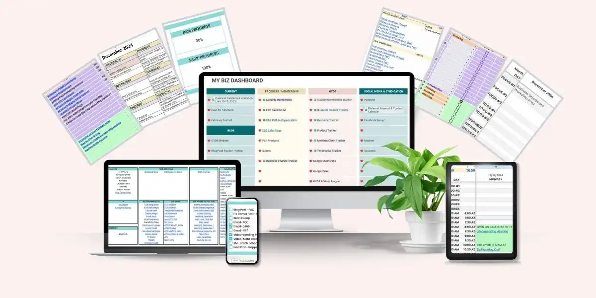 mockup style image with a computer, laptop, phone, and other images of spreadsheets that are part of the business dashboard training