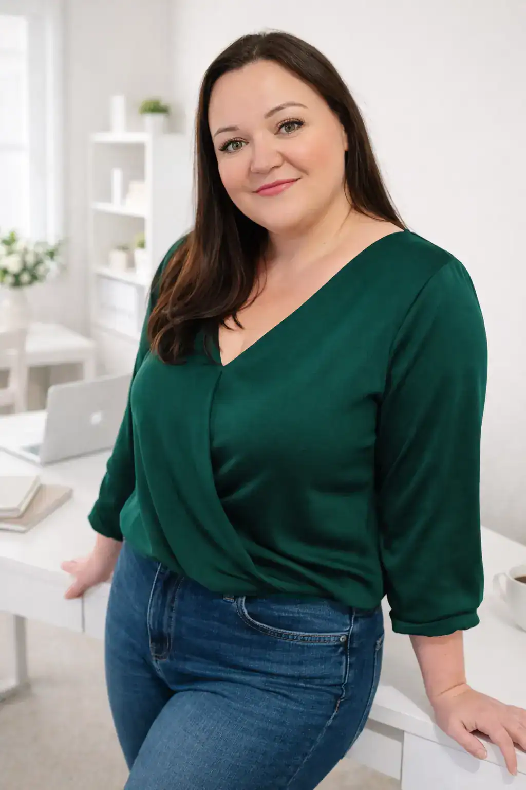 Image of Lindsay Kelly, Founder of Organize Your Online Biz. She's wearing a green shirt and blue jeans, leaning against a white desk with a laptop in the background. The office is white theme and clean.