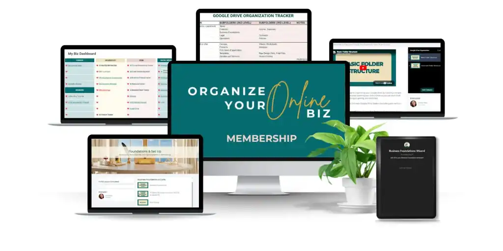 Mockup with laptop and computer screens showing product images of the Organize Your Online Biz Membership